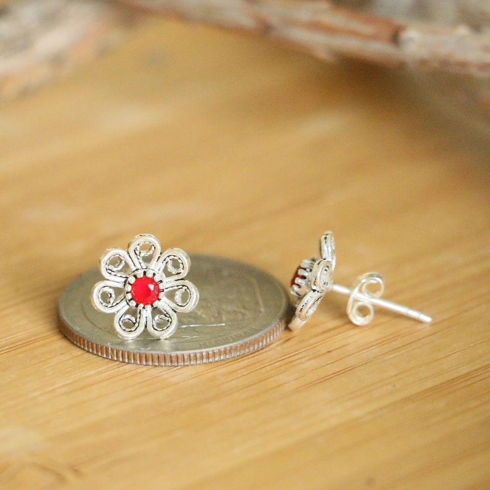 925 Sterling Silver red jade stone Earrings - Picture 5 of 7